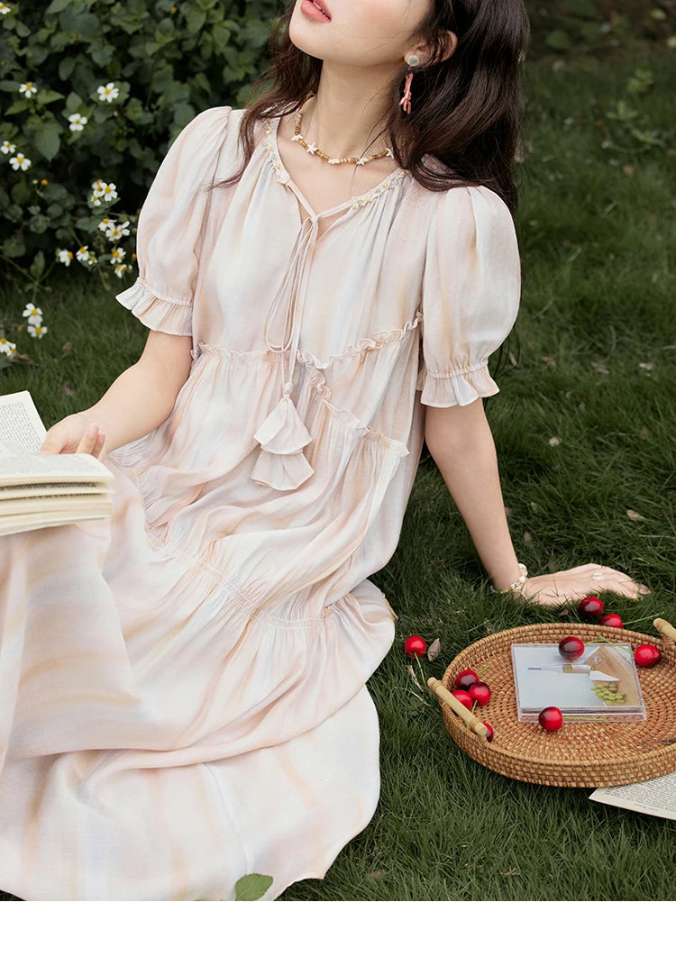 MISHOW French Summer Dress Women 2025 New V-neck Short Puff Sleeve Hollow Gradient Dresses Female Fashion Slimming MXE31L2166