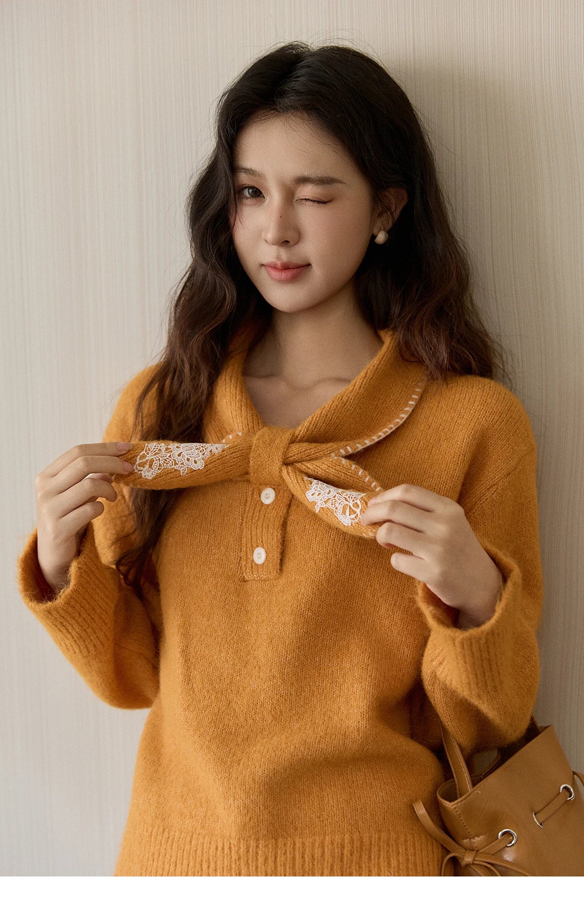MISHOW Women's Yellow Knitted Sweater 2025 Autumn Winter Bow Collar Splicing Lace Tops Loose Warm Pullover Sweaters MXE94Z2971