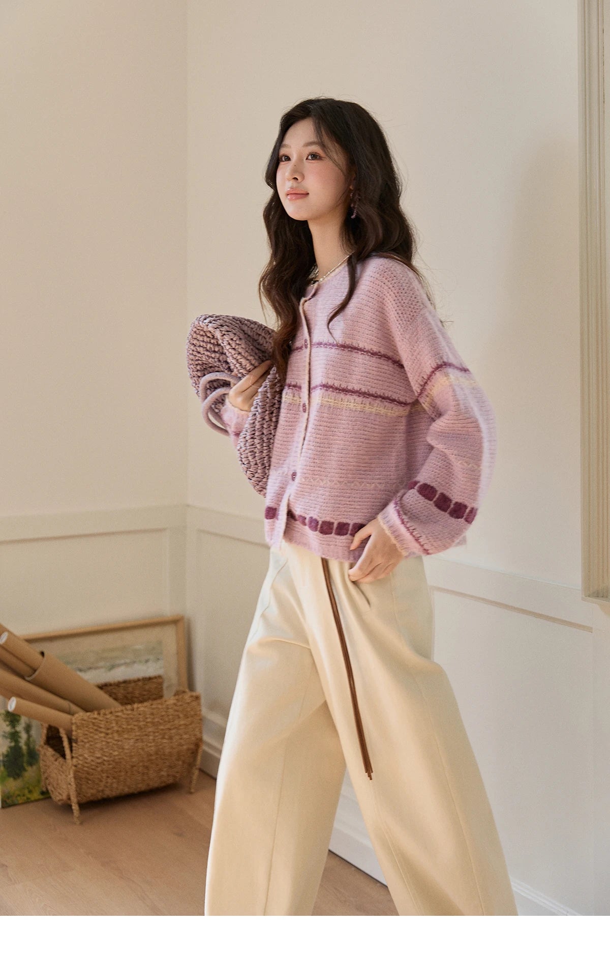 MISHOW Women's Lilac Knit Cardigan 2026 Spring Striped Dot Pattern Crew Neck Tops Single Breasted Warm Loose Sweater MXF11Z2897