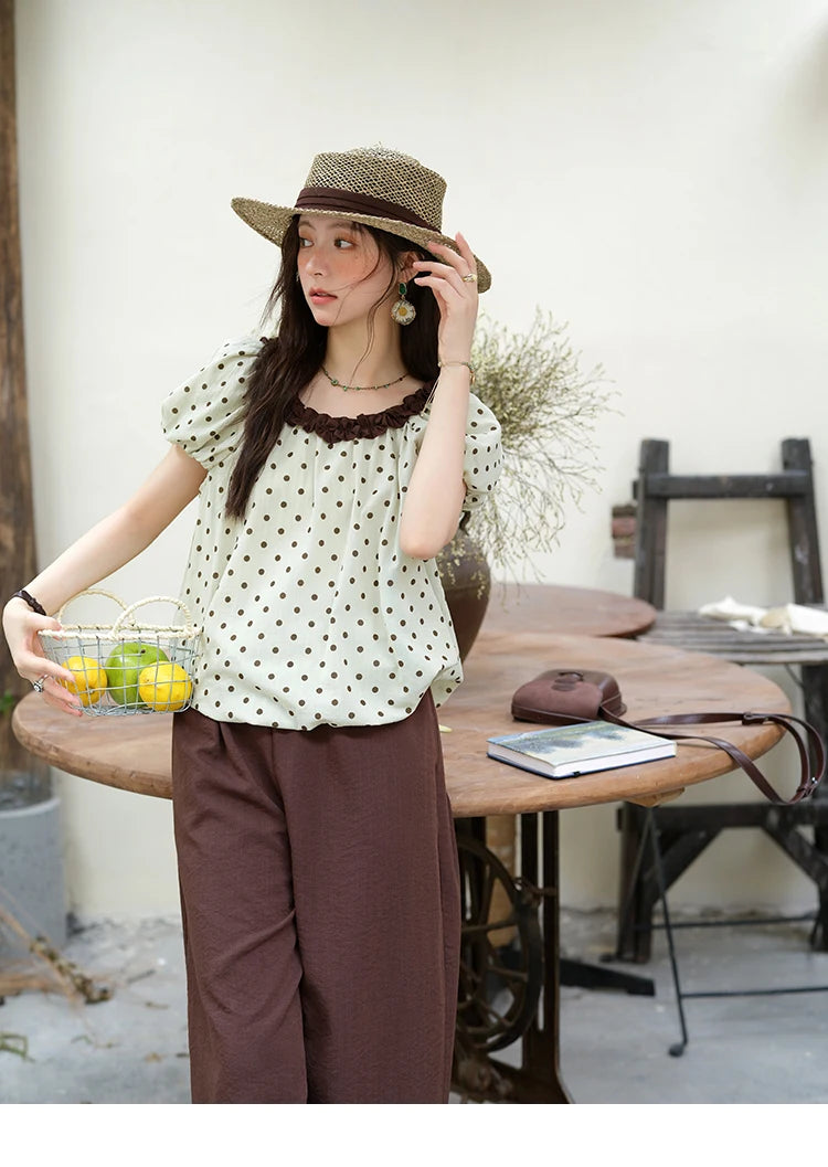 MISHOW 2025 Summer Women's Two Piece Set Polka Dot Puff Sleeve Top Casual Pocket Wide Leg Pants Set Female Clothing MXE39T0657