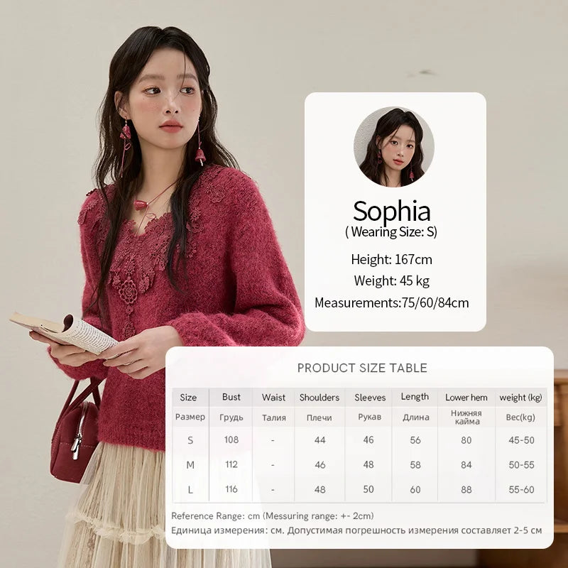 MISHOW Pink Lace Wool Sweater for Woman 2025 Winter Sweet Style V-neck  Pullover Casual Loose Lantern Sleeve Sweater MXE51Z2632