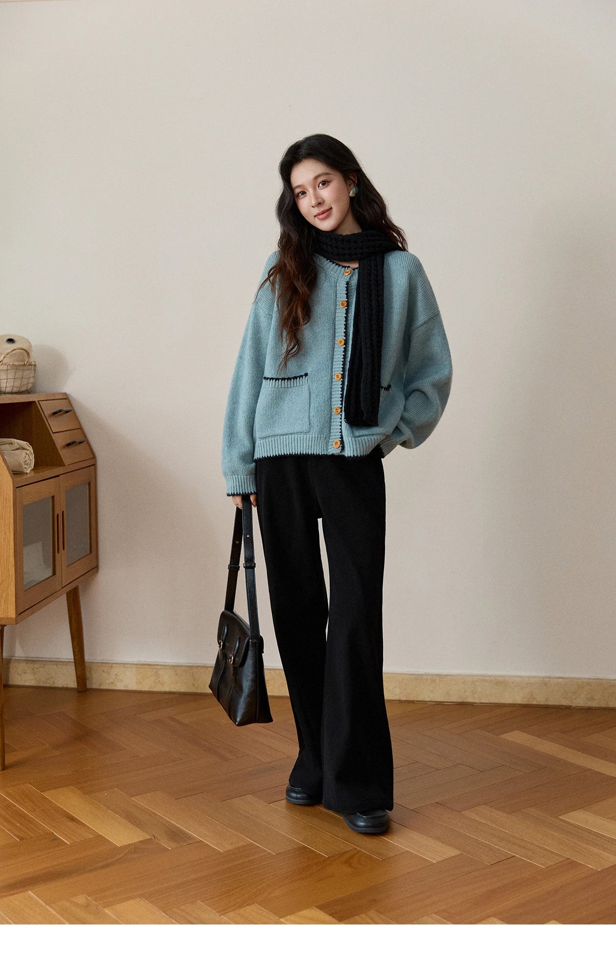 MISHOW Women's Yellow Knitted Cardigan 2025 Autumn Winter Color Collision Edge Sweater Pockets Loose Warm Casual Tops MXE94Z2973