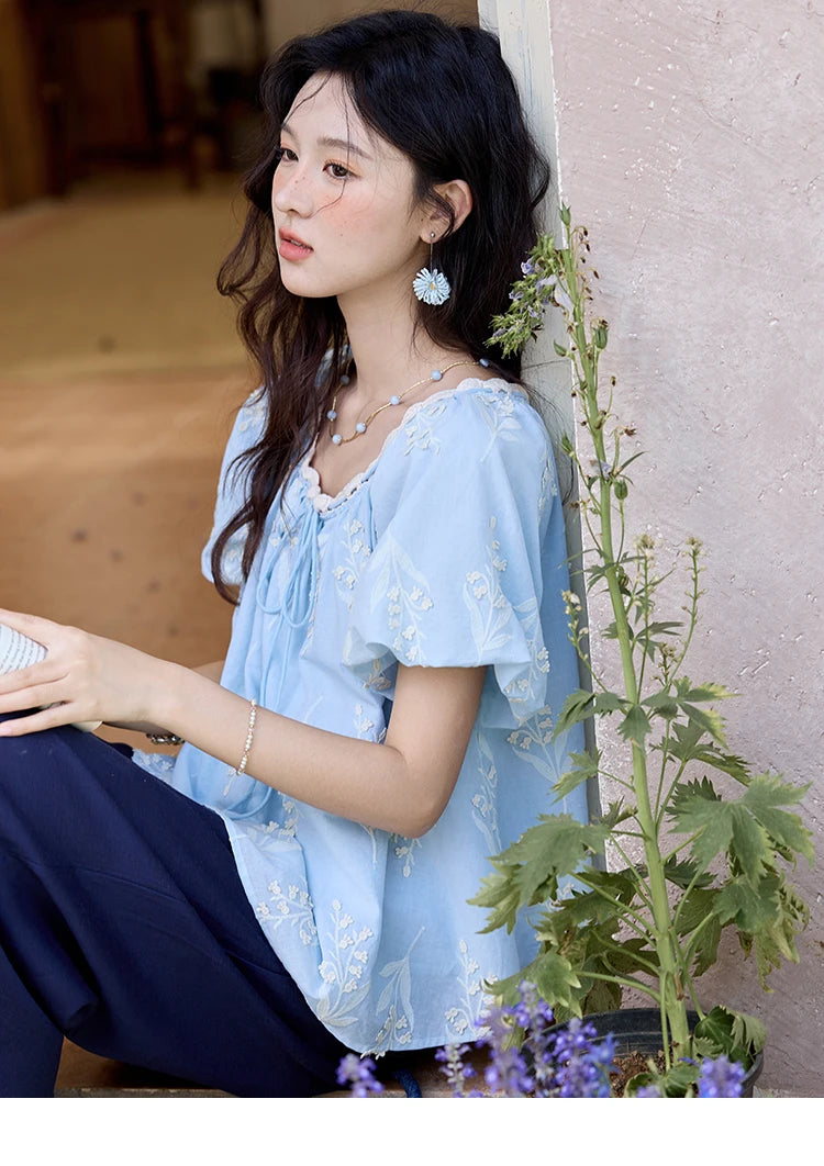 MISHOW Blue Pure Cotton Embroidered Blouses 2025 Summer Wave Edged O-neck Tops Contrasting Lace Up Loose Doll Blouses MXE35X1791