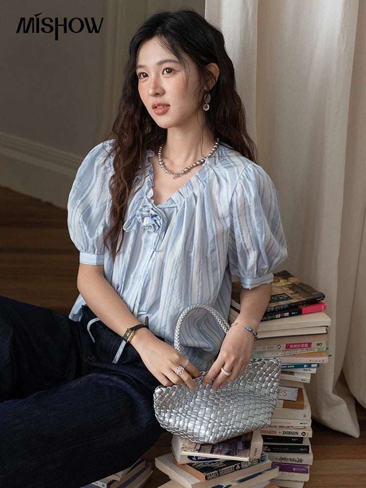 MISHOW Women's Striped Casual Shirt 2025 Summer New Lady Fashion Puff Sleeve V-Neck Button Blue Shirt Female Clothing MXE36X1870