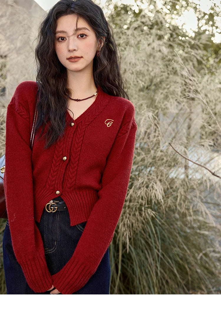 MISHOW Elegant V-neck Sweater Women's Long-sleeved Knitted Jacket 2025 Fall Winter New Korean Vintage Short Cardigan MXD48Z0848