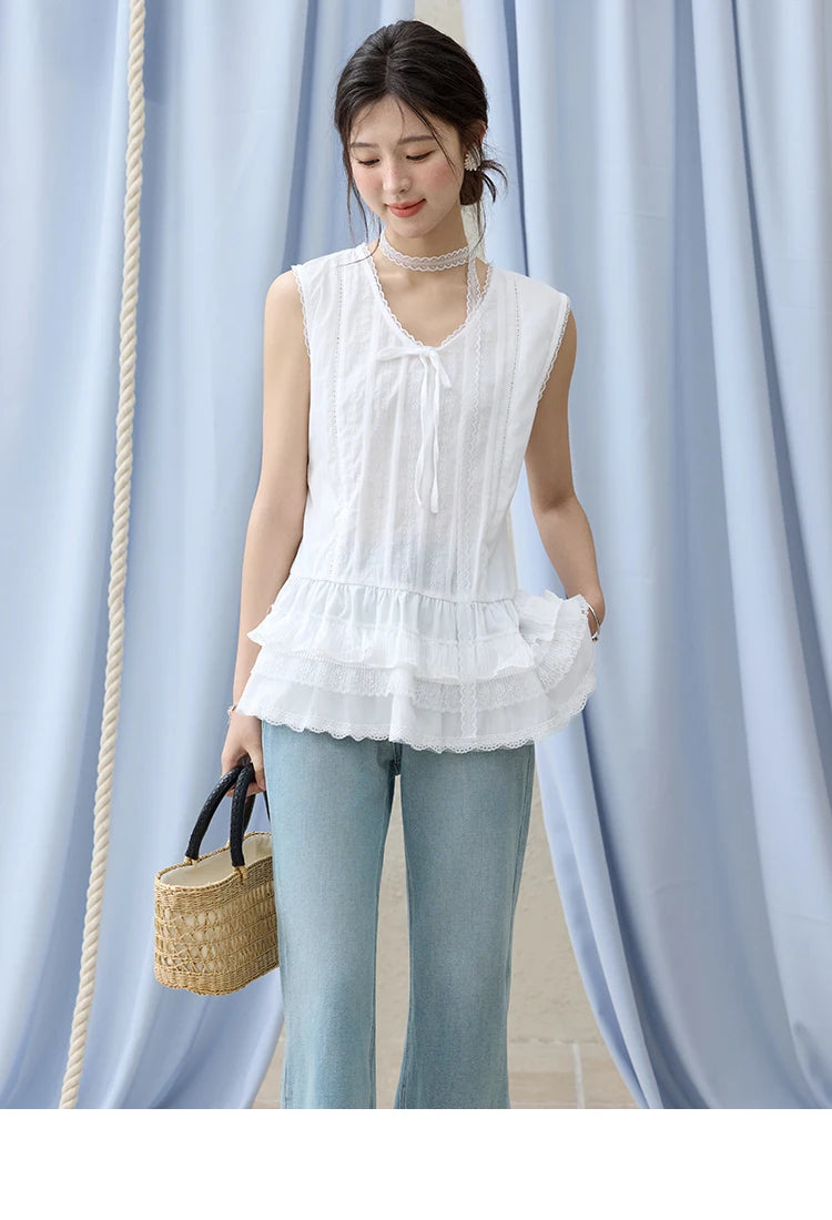 MISHOW Versatile Summer Vest Women 2025 New Solid V-neck Lace Cake Hem Sleeveless Vests Female Fashion Straight Tops MXE31X1779