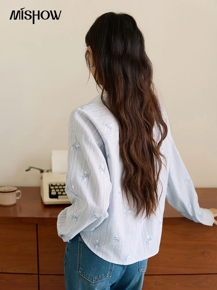 MISHOW  Long Sleeve Shirts for Woman 2025 Autumn Retro Blue Single-breasted Blouse Floral Embroidery Casual Tops MXE45X2495
