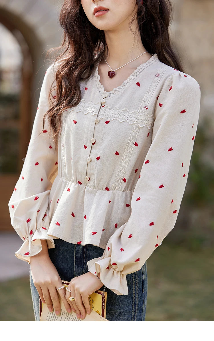MISHOW Women's Love Embroidered V-neck Blouses 2025 Spring Linen Cotton Retro Slim Tops Sweet Waist Ruffle Blouse MXE13X1700