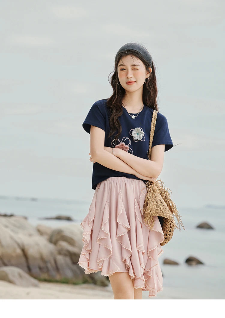 MISHOW Casual Summer Print T-shirts Women New 2025 Short Sleeve Round Neck Flower Beaded Shirts Female Fashion Tops MXE33T0499