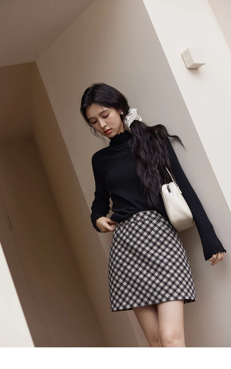 MISHOW Bottom Knitted Sweater Women Ruffled Edge High Collar Long Sleeve 2025 Winter Solid Slim Thin Internal Tops MXD48Z0850