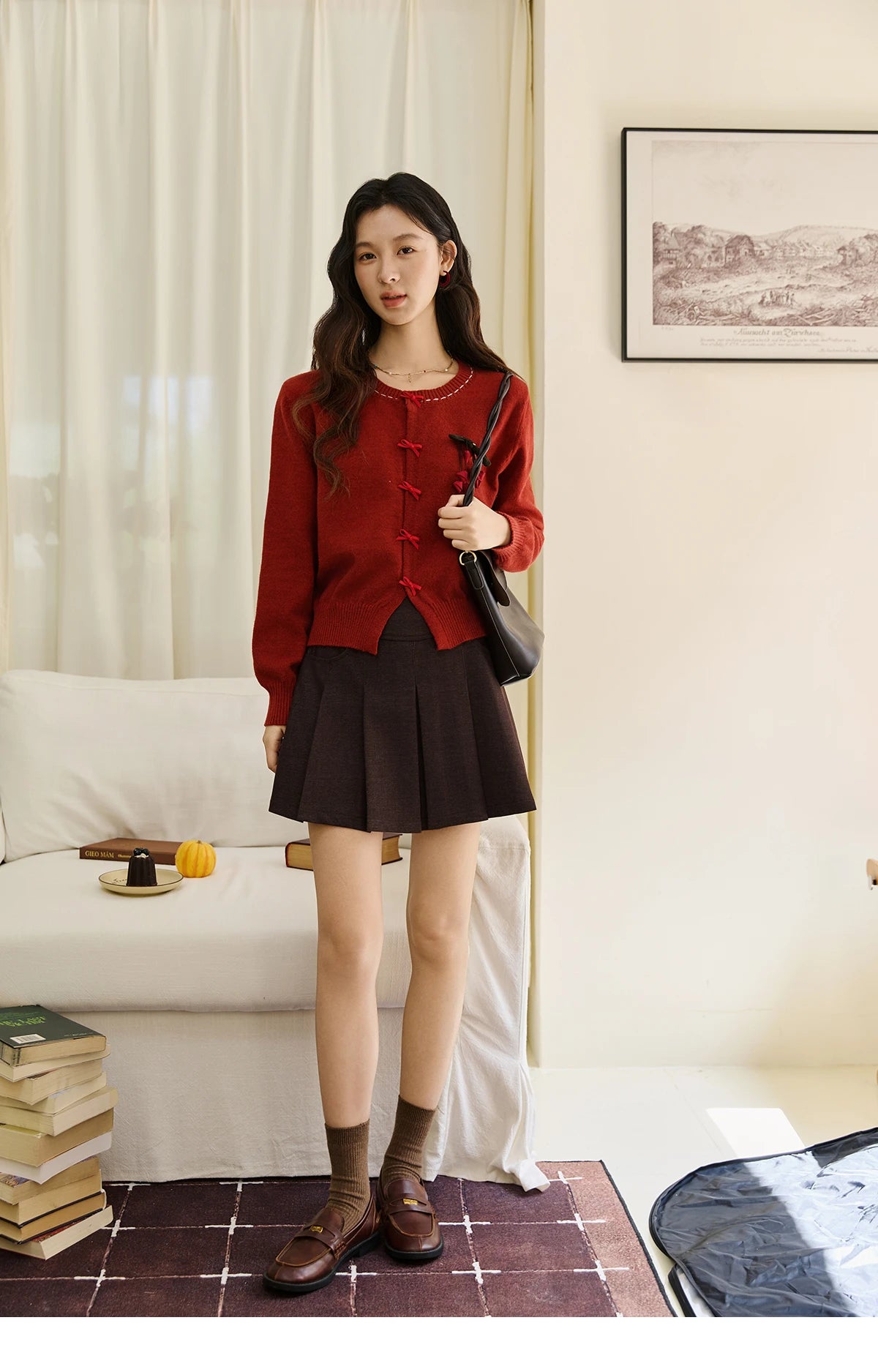 MISHOW Christmas Soft Knitted Cardigan Autumn Bow Placket Retro with Brooch Lantern Sleeve Sweaters O Neck Solid Top MXE45Z1377