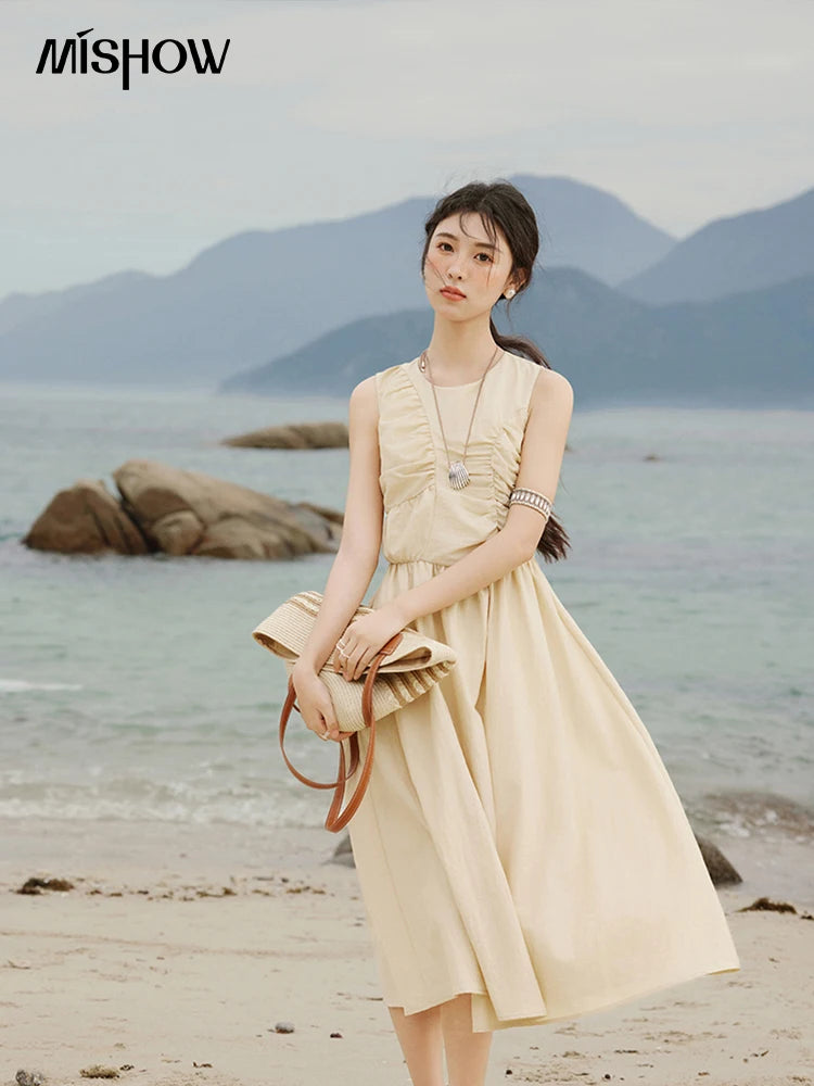 MISHOW Office Lady Summer Dress Women 2025 New Round Neck Sleeveless Solid with Belt Dresses Female Fashion Slimming MXE31L2188