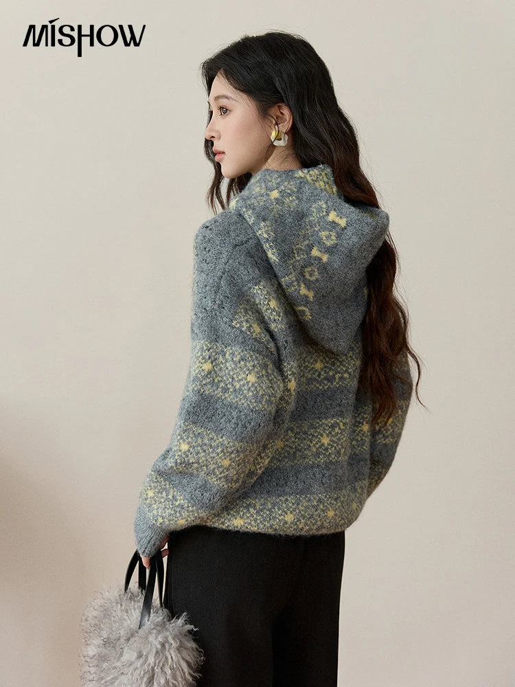 MISHOW Women's Fair Isle Knitted Sweater 2025 Winter V-neck Wool Blend Casual Tops Removable Hood Warm Loose Sweaters MXE94Z2979