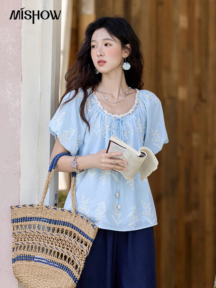 MISHOW Blue Pure Cotton Embroidered Blouses 2025 Summer Wave Edged O-neck Tops Contrasting Lace Up Loose Doll Blouses MXE35X1791