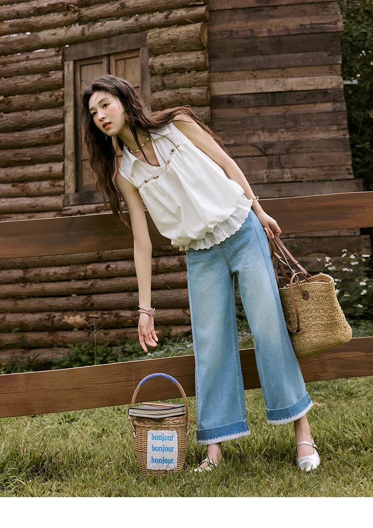 MISHOW Office Lady New Blouse Women Summer New Sleeveless Turn-down Collar Hollow Lace Shirts Female Slimming Fashion MXE31X1760