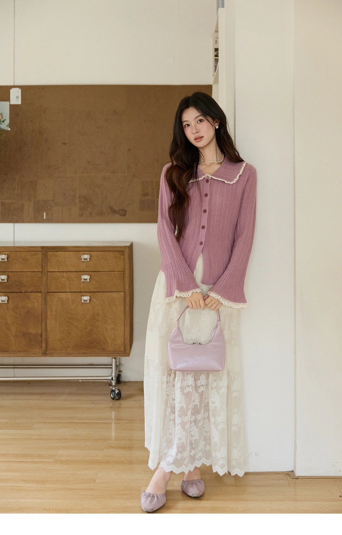 MISHOW Women's Lilac Flare Sleeve Knitted Cardigan 2026 Spring Peter Pan Collar Lace Trim Long Sleeve Slim Casual Top MXF11Z2994