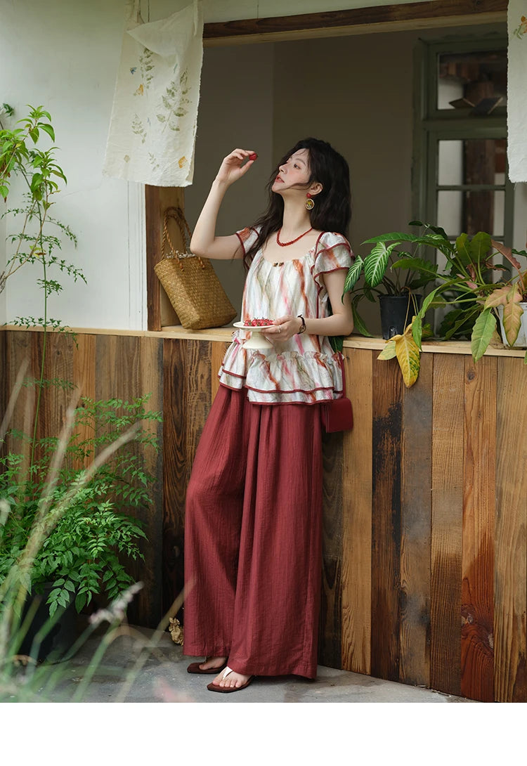 MISHOW Women's Retro Stripe Print Blouse 2025 Summer New Fashion O-Neck Butterfly Sleeve Ladies Casual Patchwork Top MXE38X1862