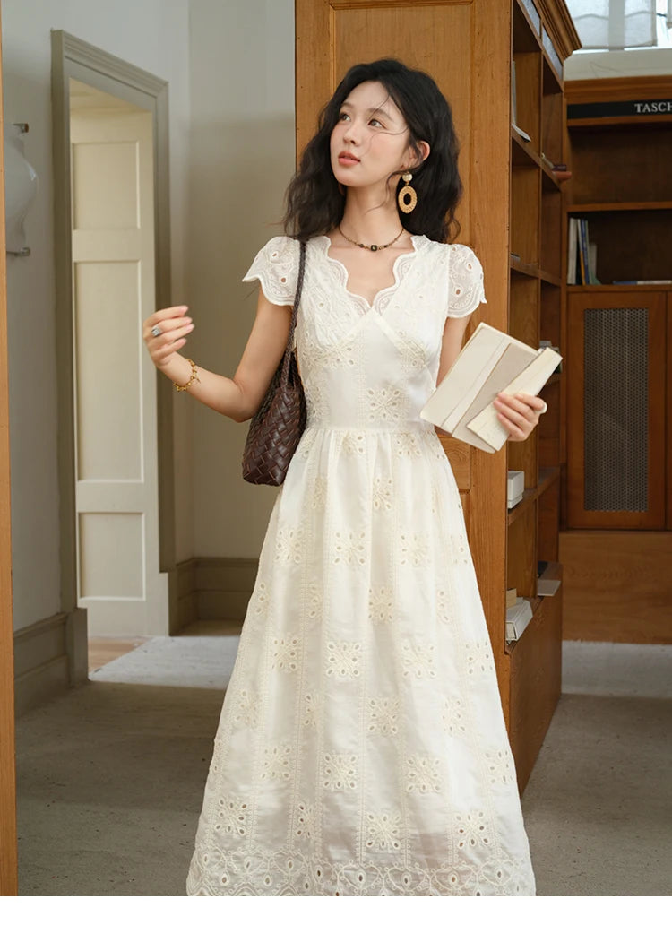 MISHOW Women's Flying Sleeve V-neck Hollow Dress 2025 Summer Embroidery A-line Dress Seaside Vacation Long Dresses MXE39L2404