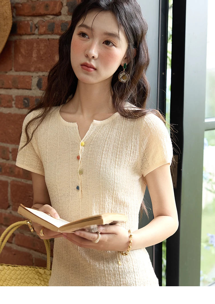 MISHOW Short Sleeved Knitted T-shirt for Women Summer 2025 Twisted Design Dopamine Button Tees Slim Breathable Top MXE34Z1243