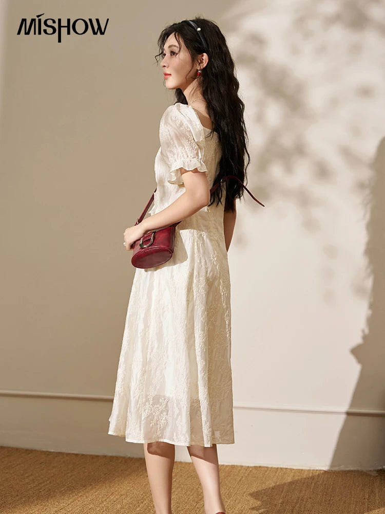 MISHOW Square Neck Vertical Stripe Ruffle Edge Dress 2025 Summer Tea Break French Bubble Sleeve Vacation Long Dresses MXD27L1808