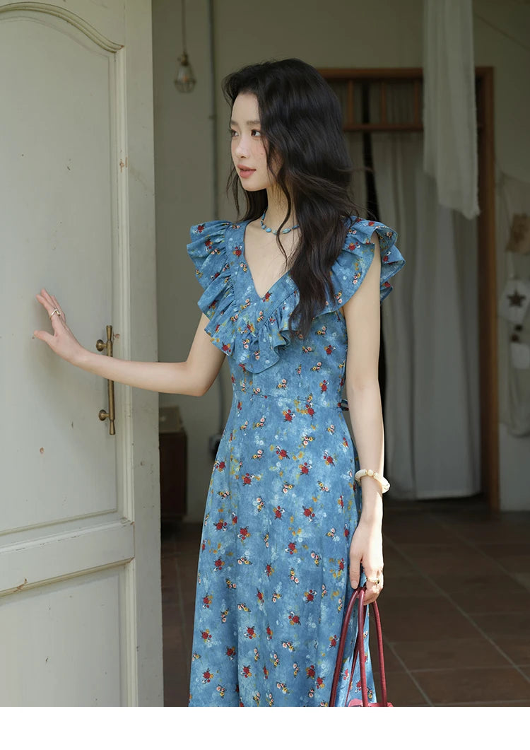 MISHOW Women's Fashion V-neck Ruffled Floral Dress Summer 2025 Flying Sleeve Waist Lace Up Casual Vacation Dresses MXE39L2436