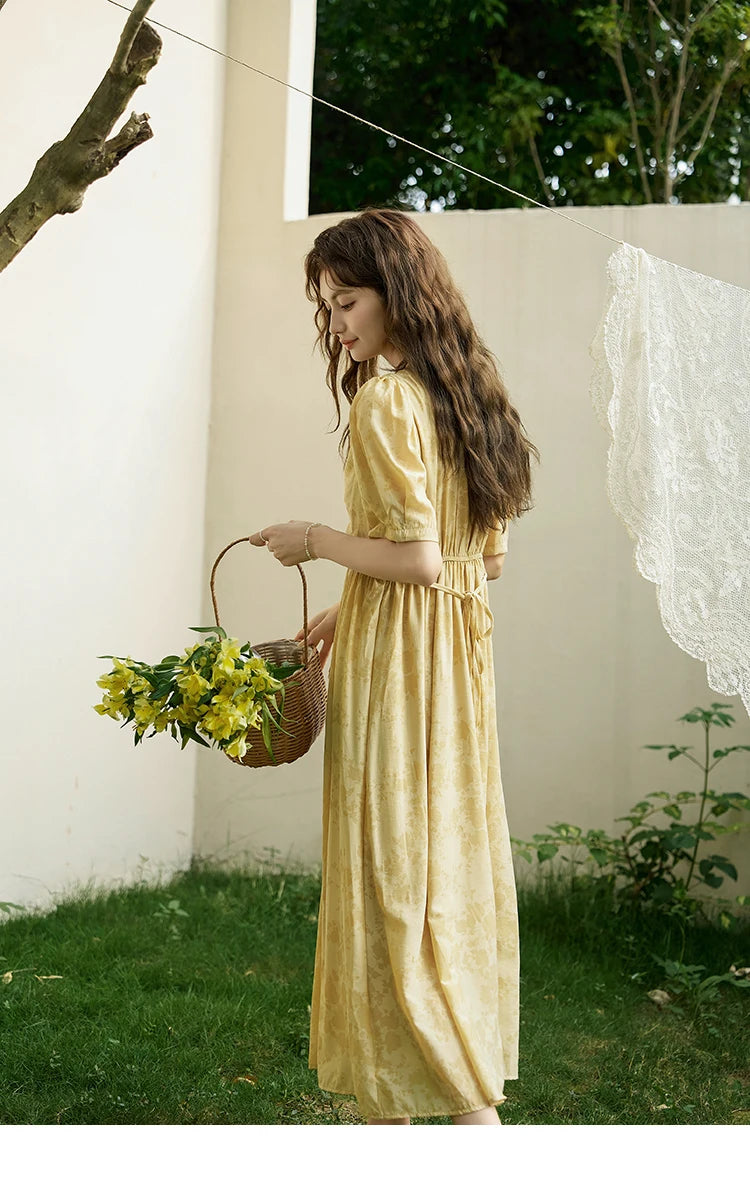 MISHOW Tea Break V-neck Dress for Women 2024 Summer French Temperament Chiffon Floral Puff Sleeve Waist Long Dresses MXD23L1878