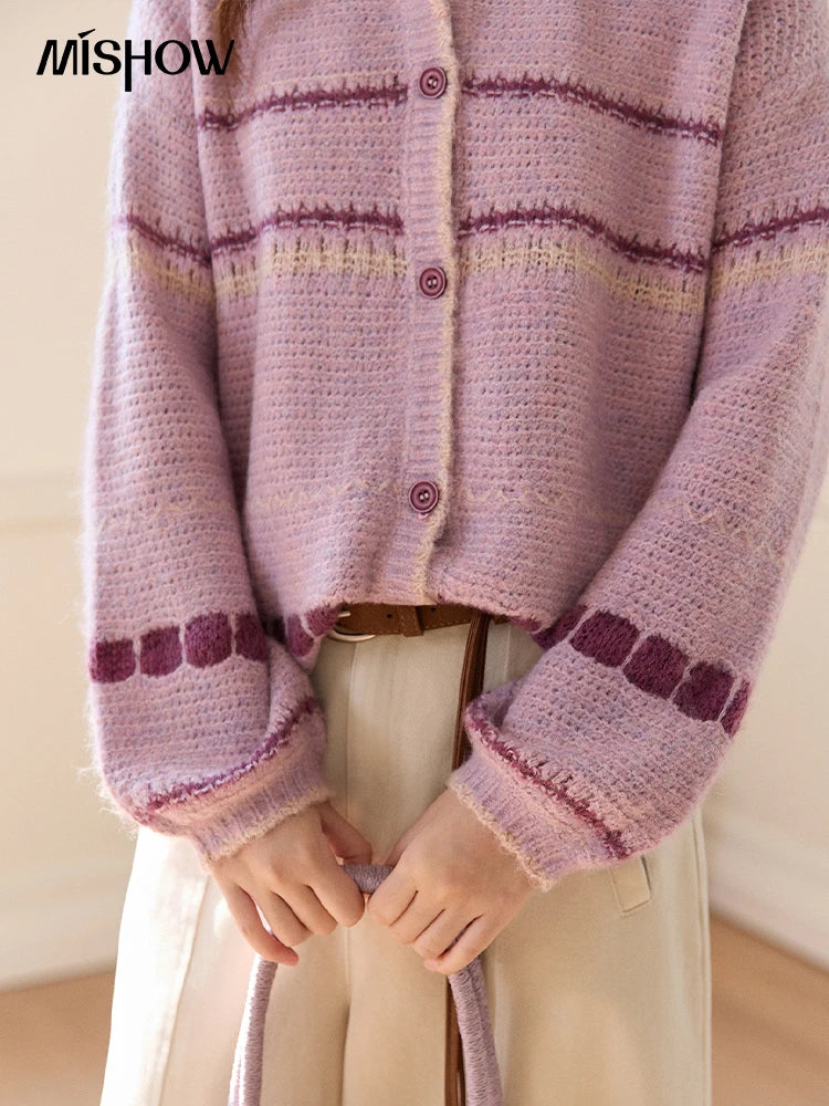 MISHOW Women's Lilac Knit Cardigan 2026 Spring Striped Dot Pattern Crew Neck Tops Single Breasted Warm Loose Sweater MXF11Z2897
