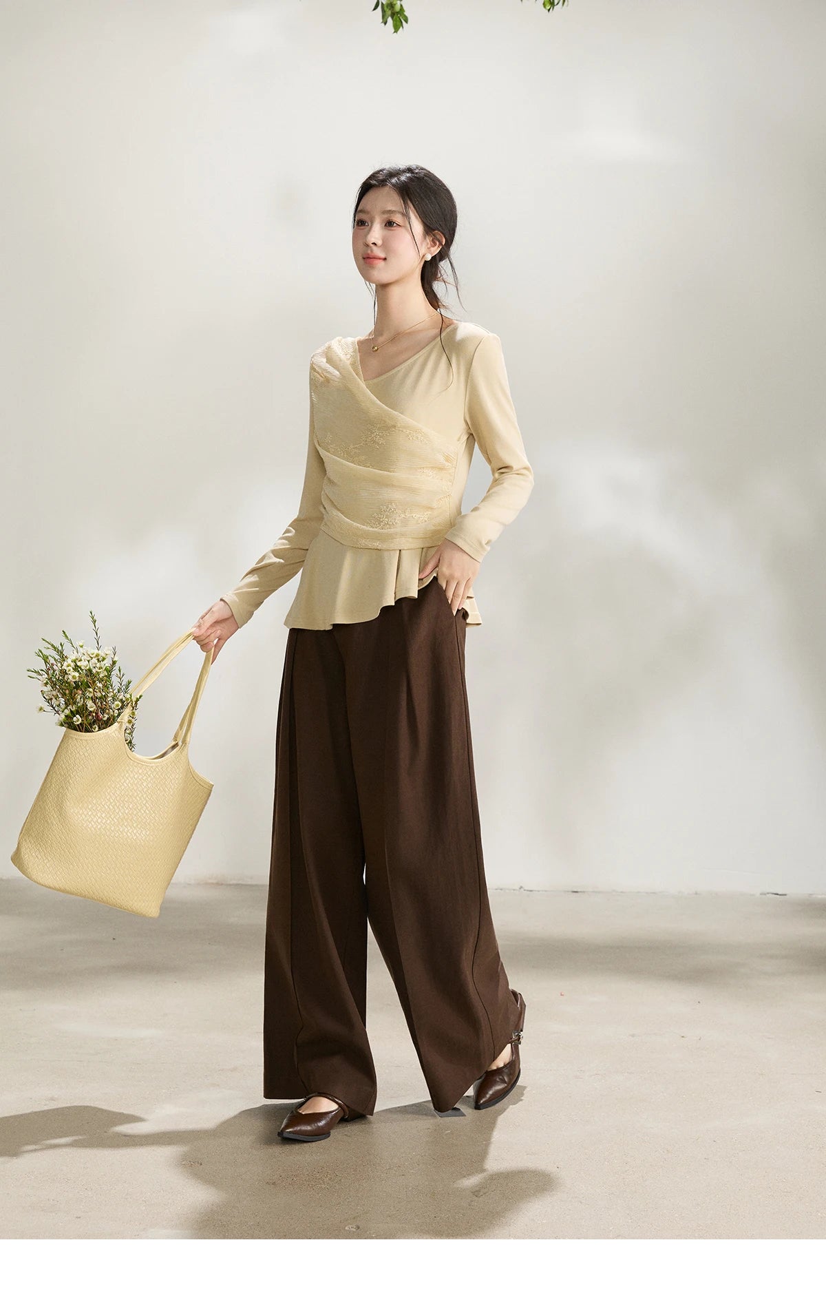 MISHOW Women's Asymmetric Lace Patchwork Tops 2026 Spring V Neck Long Sleeve Top Ruched Waist Ruffled Hem Casual Tees MXF11Z2942