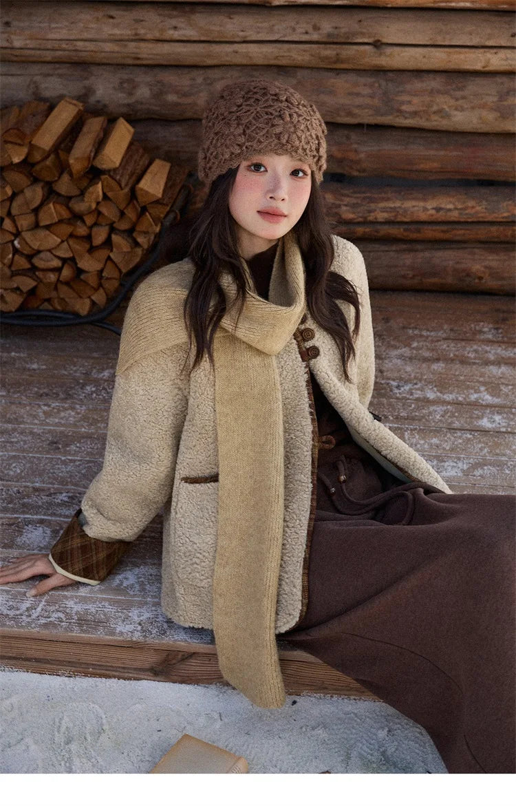 MISHOW Woman Plaid Patchwork Lamb Wool Coat 2025 Winter Round Neck Coat Commute Warm Loose Jacket （Without A Scarf）MXE90W0923