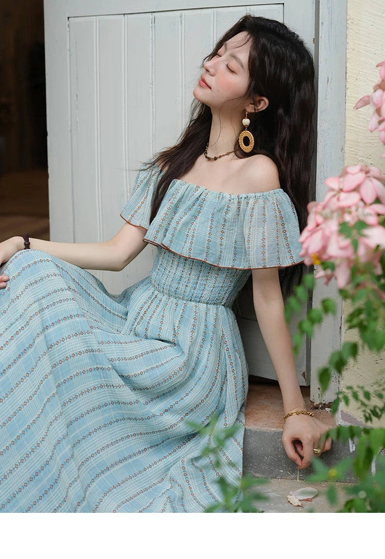 MISHOW Women's Fashion Slash Neck Chiffon Dress 2025 Ladies Elegant Vacation Striped French Dresses Female Clothing MXE39L2380