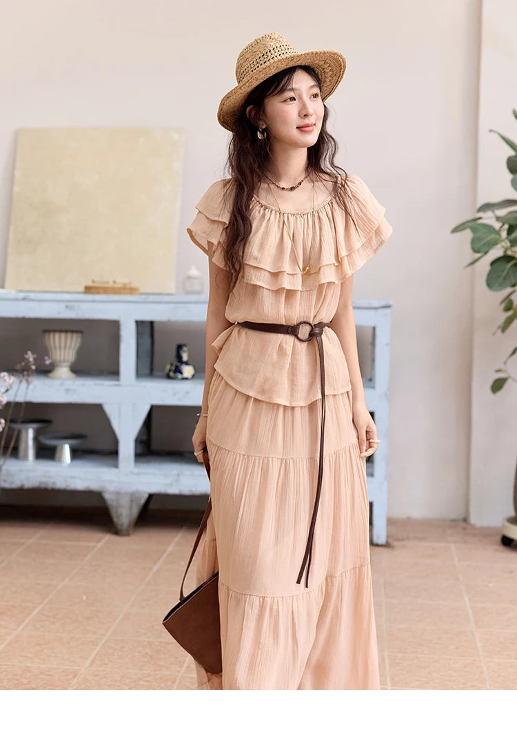 MISHOW Women Fashion Two-Piece Set 2025 Summer Loose Lotus Leaf Edge Off Shoulder Top Elastic Waist Skirt Ladies Set MXE36T0637