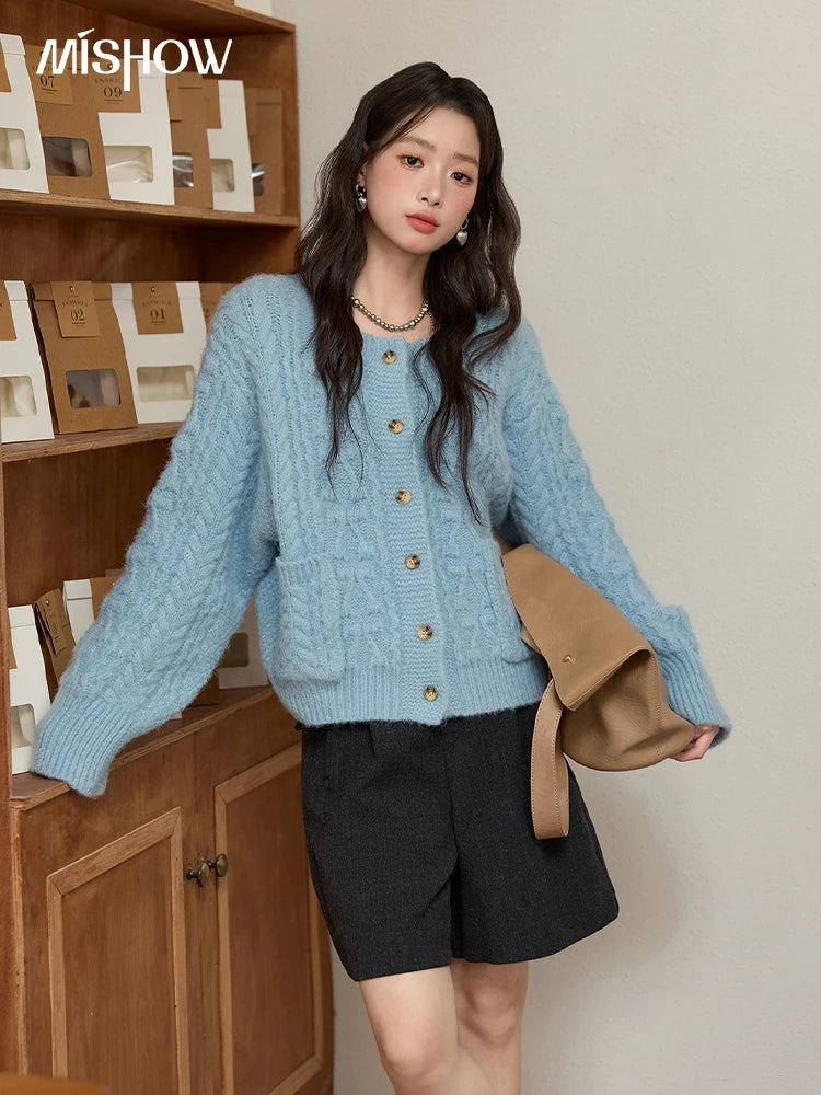 MISHOW Cardigan Women 2025 Autumn Winter Fashion Light Blue Retro Crew Neck Knitted Sweater Casual Loose  Pocket Top MXE49Z2614