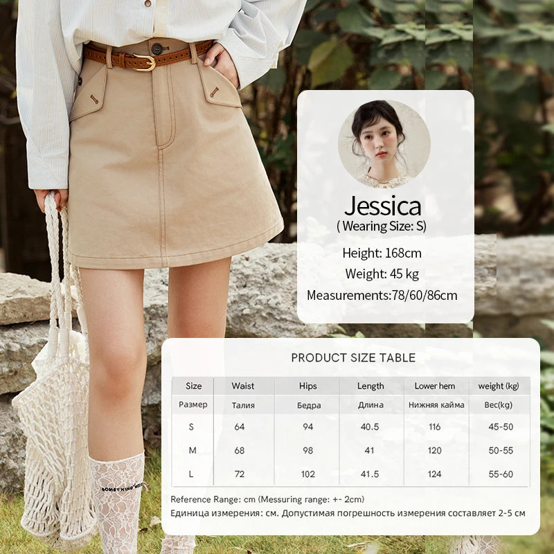 MISHOW Khaki A-line Short Skirt Spring 2025 100Cotton High Waist Versatile Skirt Zipper Pockets Skirt (Not with Belt) MXE15B0696