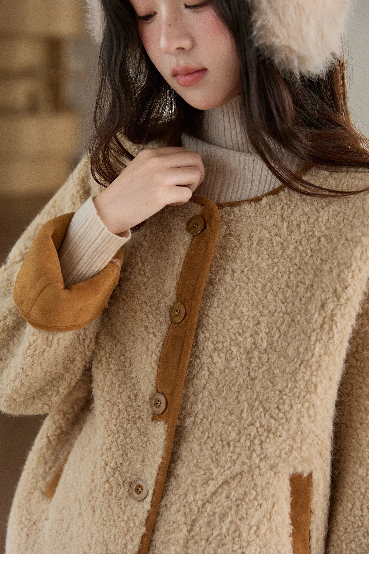 MISHOW Lamb Wool Jacket with Color Blocking Knitted Shawl for Women Winter 2025 Warm Thickened Fur One-piece Coats MXE91W0969