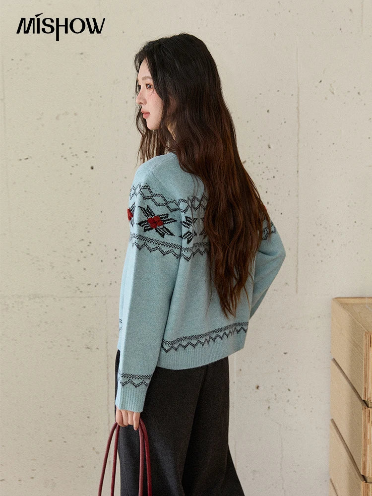 MISHOW Women's Geometric Jacquard Fair Isle Sweater 2025 Winter Retro Blue O-Neck Single-breasted Commuter Cardigan MXE86Z2734