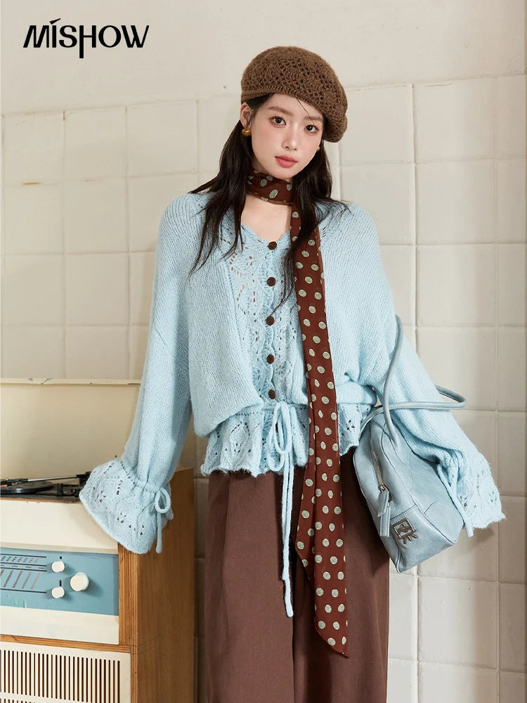 MISHOW Elegant Cardigan Women 2025 Autumn Design Hollow Knit Sweater V-neck Flared Sleeves Loose Casual Sweater MXE47Z2513
