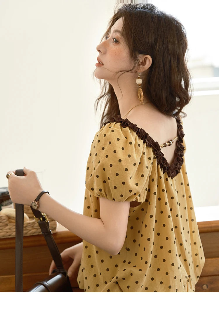 MISHOW 2025 Summer Women's Two Piece Set Polka Dot Puff Sleeve Top Casual Pocket Wide Leg Pants Set Female Clothing MXE39T0657