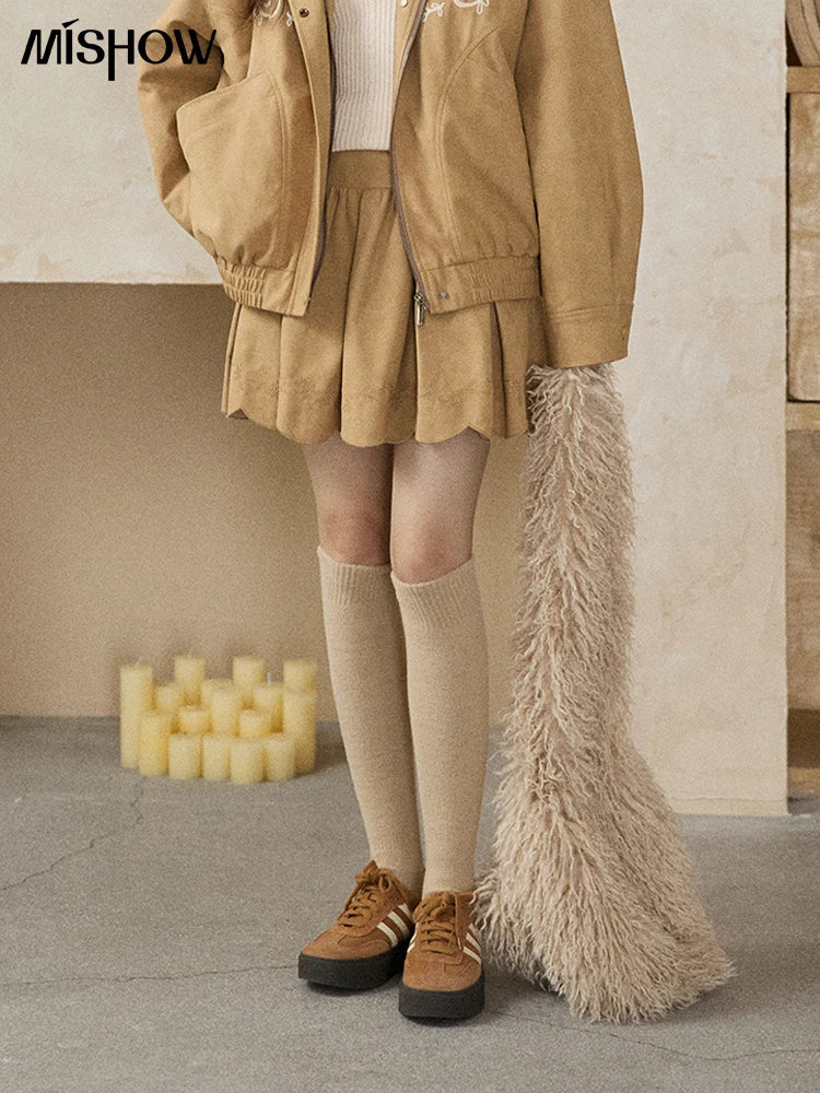 MISHOW Women's Embroidered Sweet Short Skirt 2025 Autumn Winter Pleated Solid Short Skirt High Waist Hem Wavy Skirts MXE87B2451