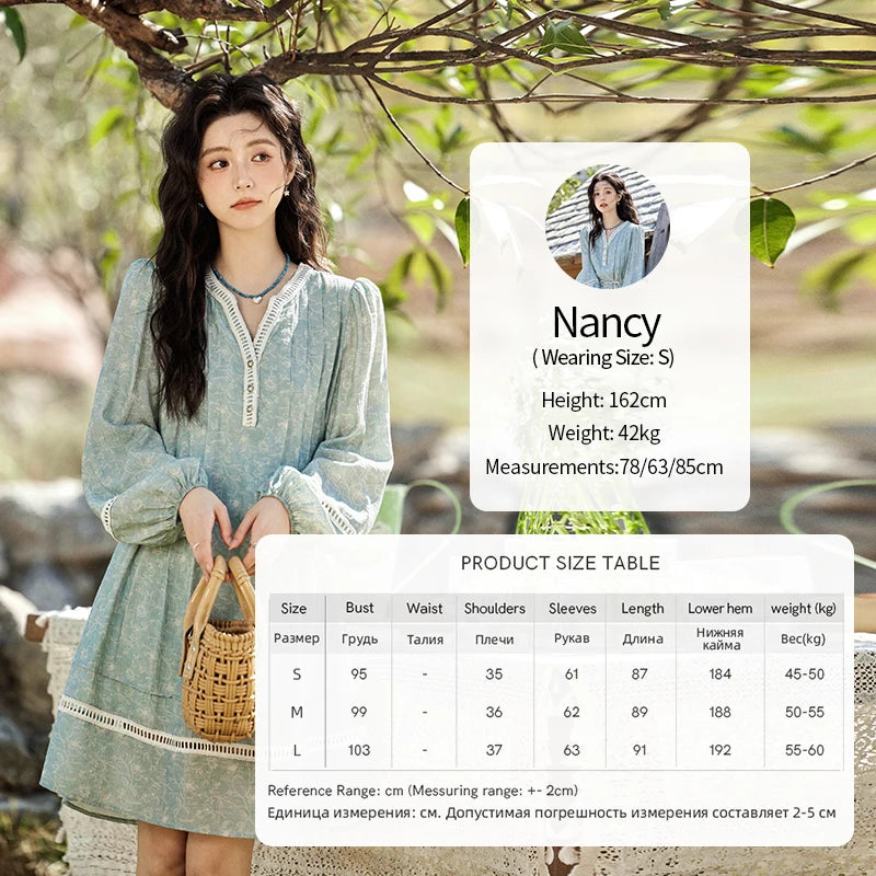 MISHOW Chiffon Printed Dress for Women Spring 2025 French V-neck Hollowed Out Lace Patchwork Medium Length Dresses MXE12L2096