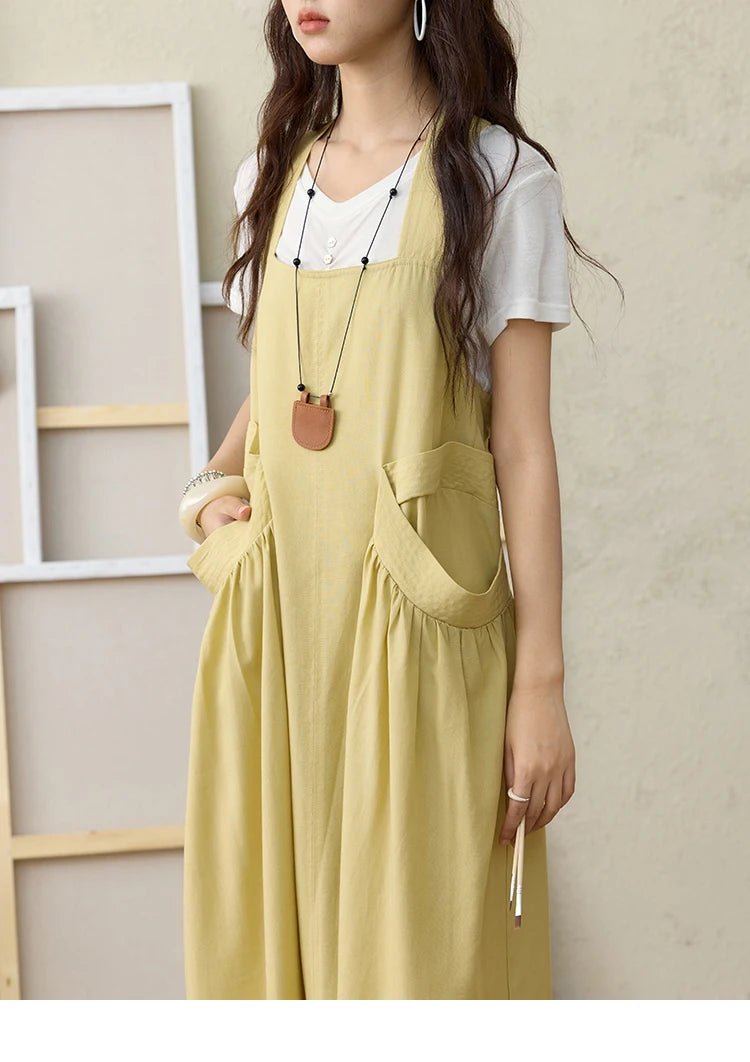 MISHOW Women's Cargo Large Pocket Strap Dress 2025 Summer Lemon-yellow Sleeveless Dress Retro Square Neck Loose Dress MXE35L2302
