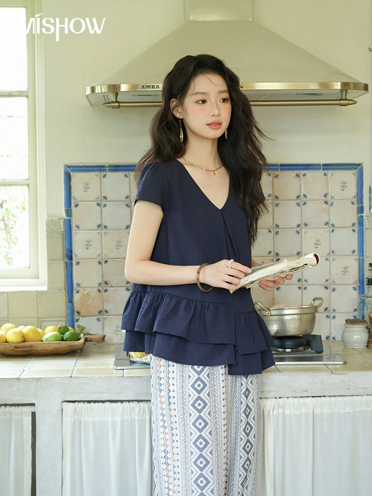 MISHOW Women's Two Piece Set 2025 Summer Spliced Lotus Leaf Edge V-neck Blouse Fashion Geometric Wide Leg Pants Set MXE39T0670