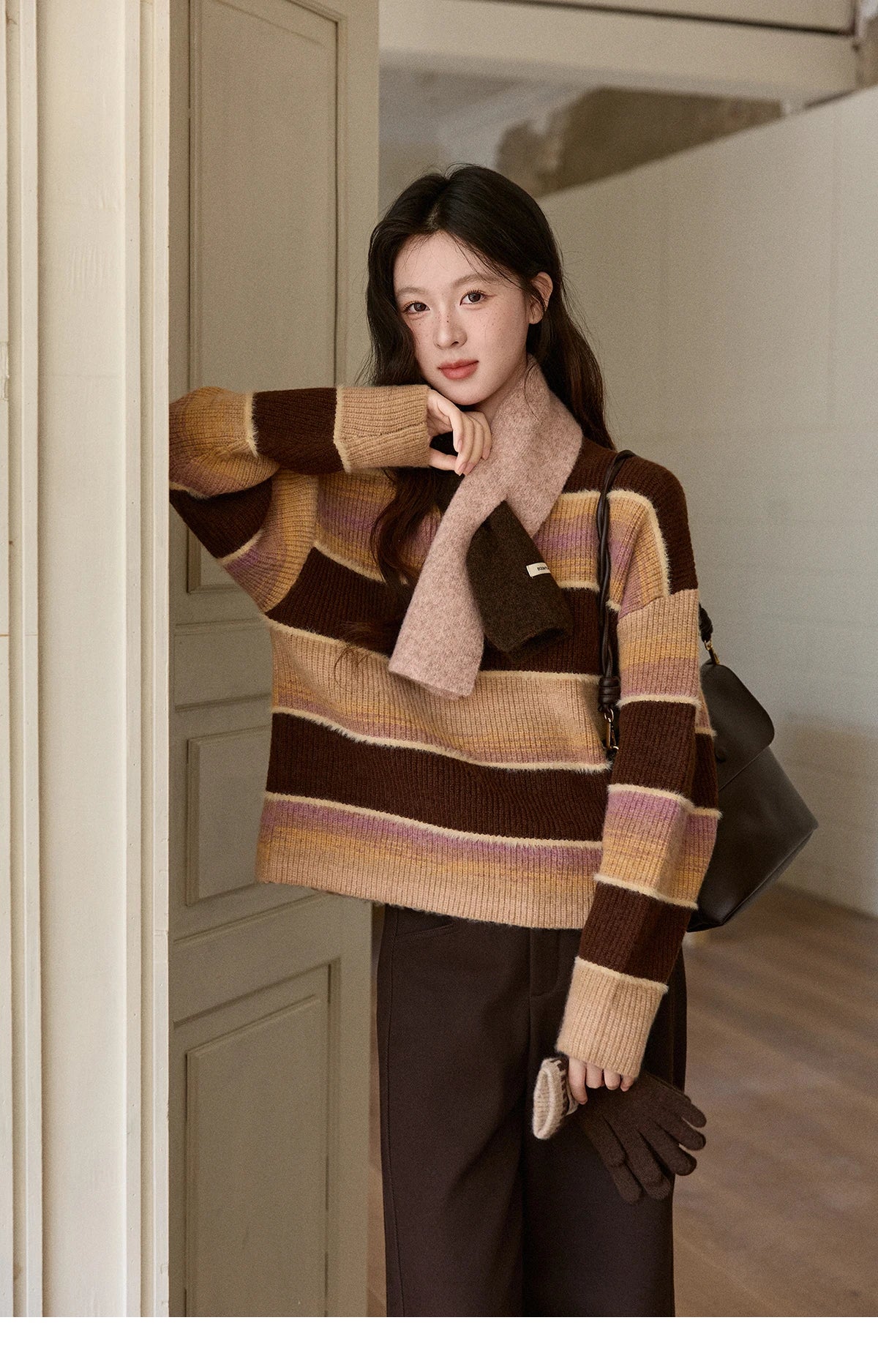 MISHOW Women's French Striped Gradient Sweater 2025 Winter Faux Mink Fleece Sweater Thick Casual Warm Knitted Top MXE94Z2891