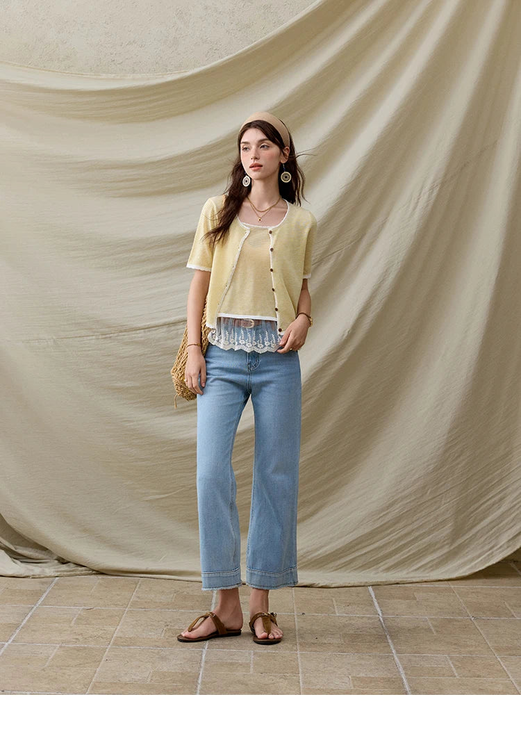 MISHOW Summer Camisole Cardigan Sets for Women 2025 Short Sleeve Round Neck Hem Lace Knitted Tops Female Fashion MXE33T0582