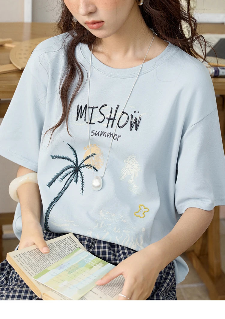 MISHOW Casual Print T-shirts Women 2025 Summer New Short Sleeve Round Neck Coconut Tree Pattern Shirt Woman Holiday MXE31T0516