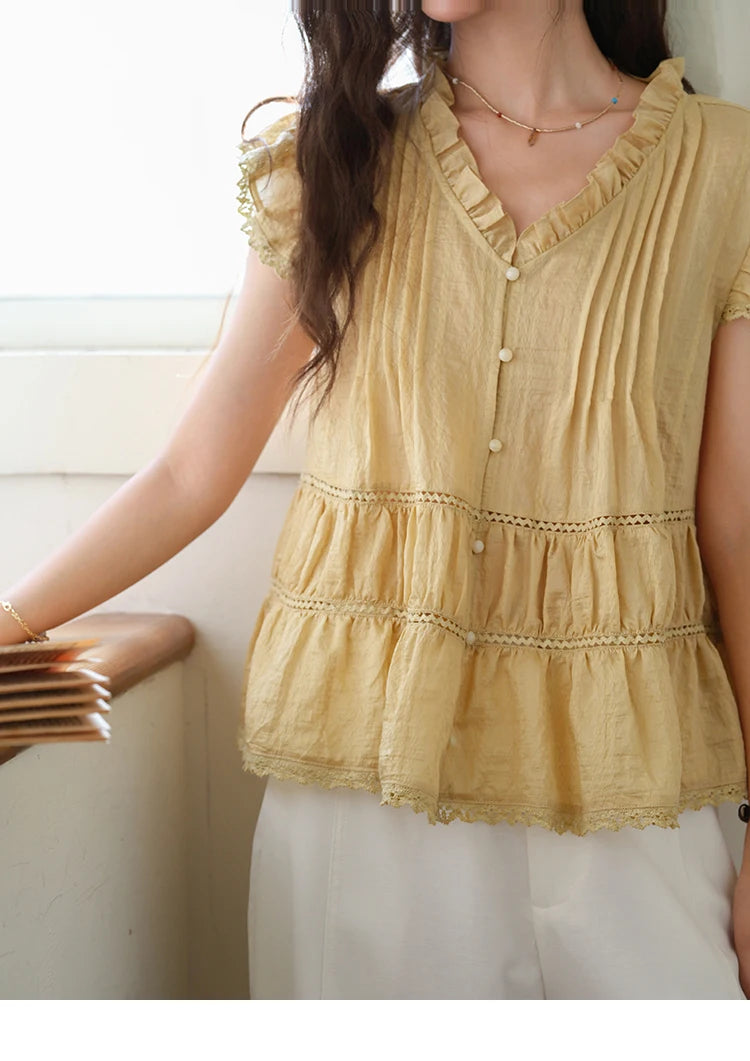 MISHOW Women's Summer Shirt 2025 New Wood Ear V-neck Flying Sleeve Shirt Casual Wrinkle Spliced Button Ladies Top MXE37X1908