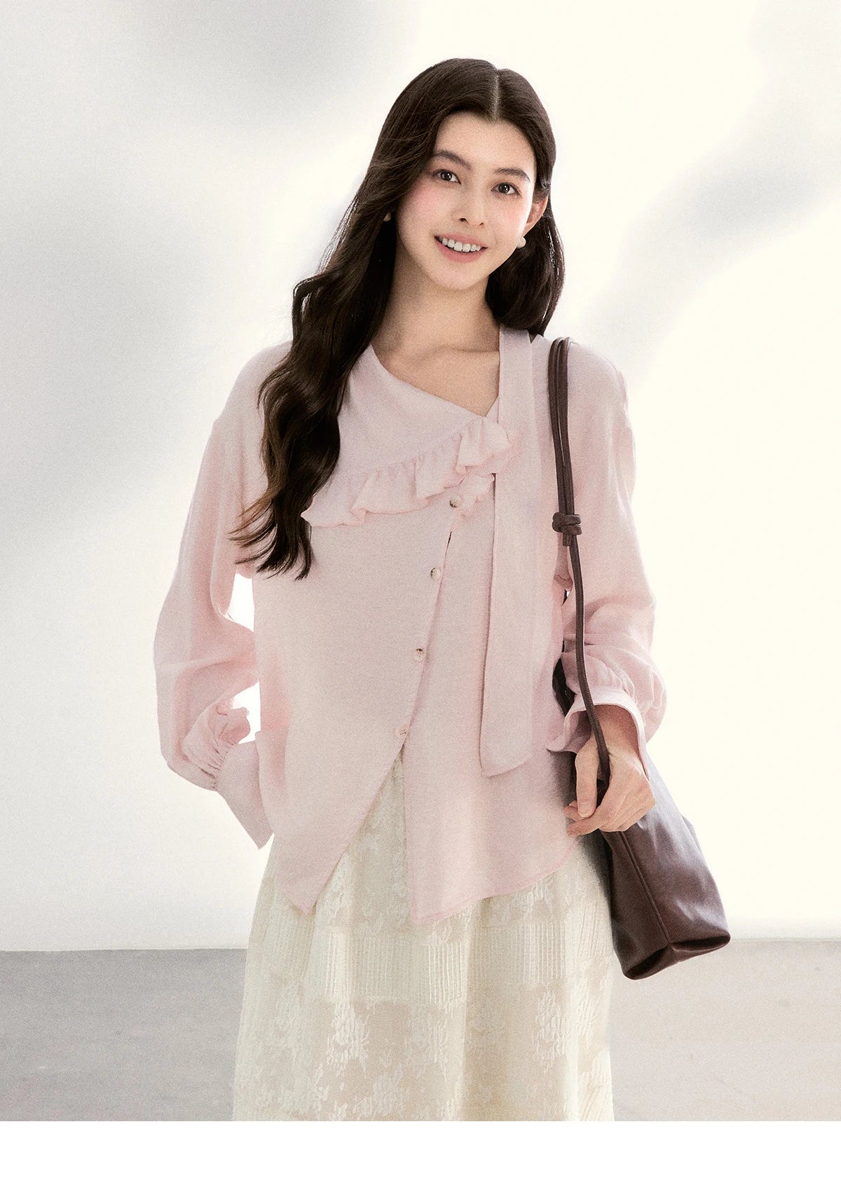 MISHOW Women's Pink Elegant Blouse 2026 Spring Asymmetrical Ruffled Collar Button Shirts Puff Sleeve Casual Loose Top MXF11X2520