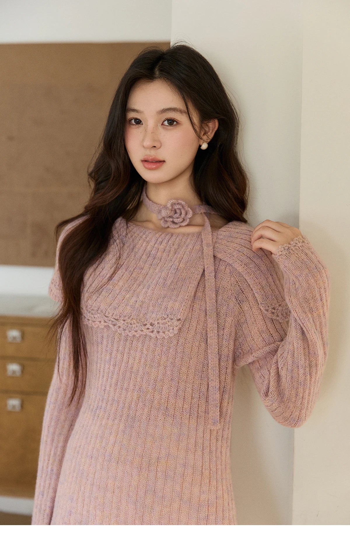 MISHOW Women's Pink Ribbed Knitted Sweater 2026 Spring Large Collar Lace Trim Belted Waist Long Sleeve Pullover Tops MXF11Z2901