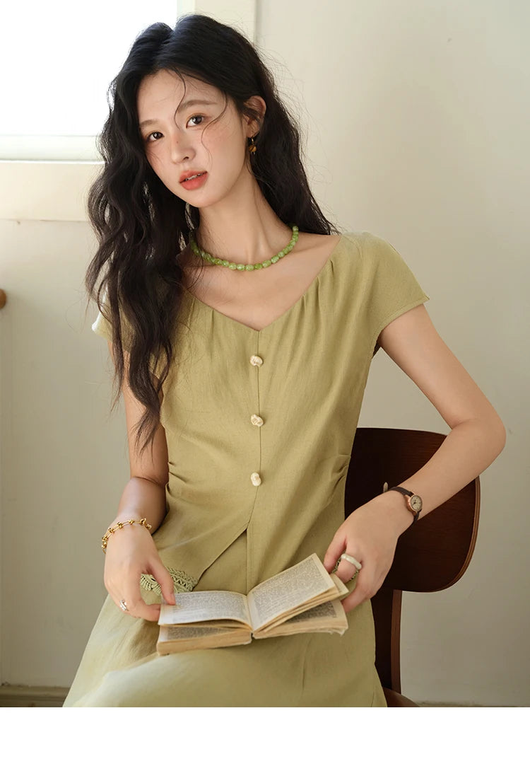 MISHOW Two-Piece Ladies Set 2025 Summer New Fashion V-neck Button Lace Hollow Out Spliced Top Pocket A-line Skirt Set MXE39T0665