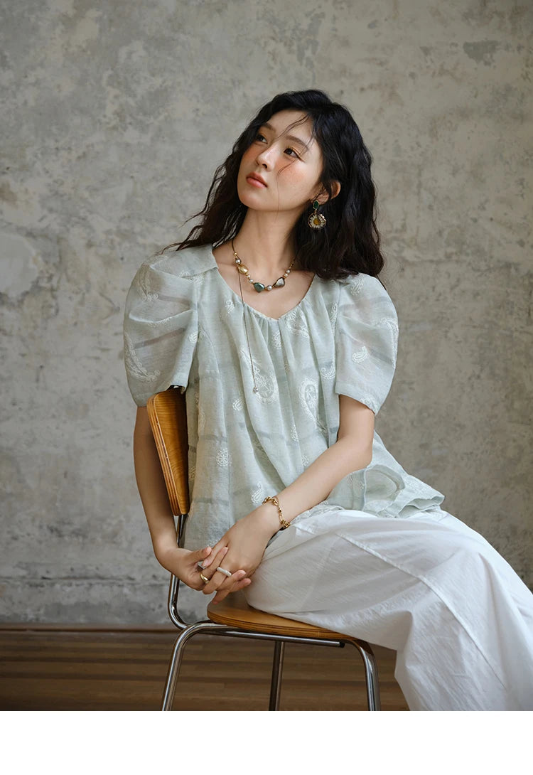 MISHOW O-Neck Blouse for Women 2025 Summer New Fashion Print Embroidery Puff Sleeve Loose Casual Top Ladies Clothing MXE34X1807