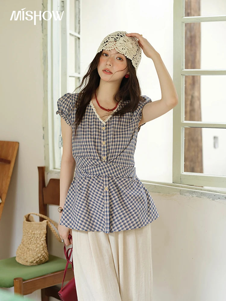 MISHOW Women's Garment Sleeves Plaid Shirt 2025 Summer New Fashion Lace V-neck Shirt Button Belt Top Female Clothing MXE36X1814
